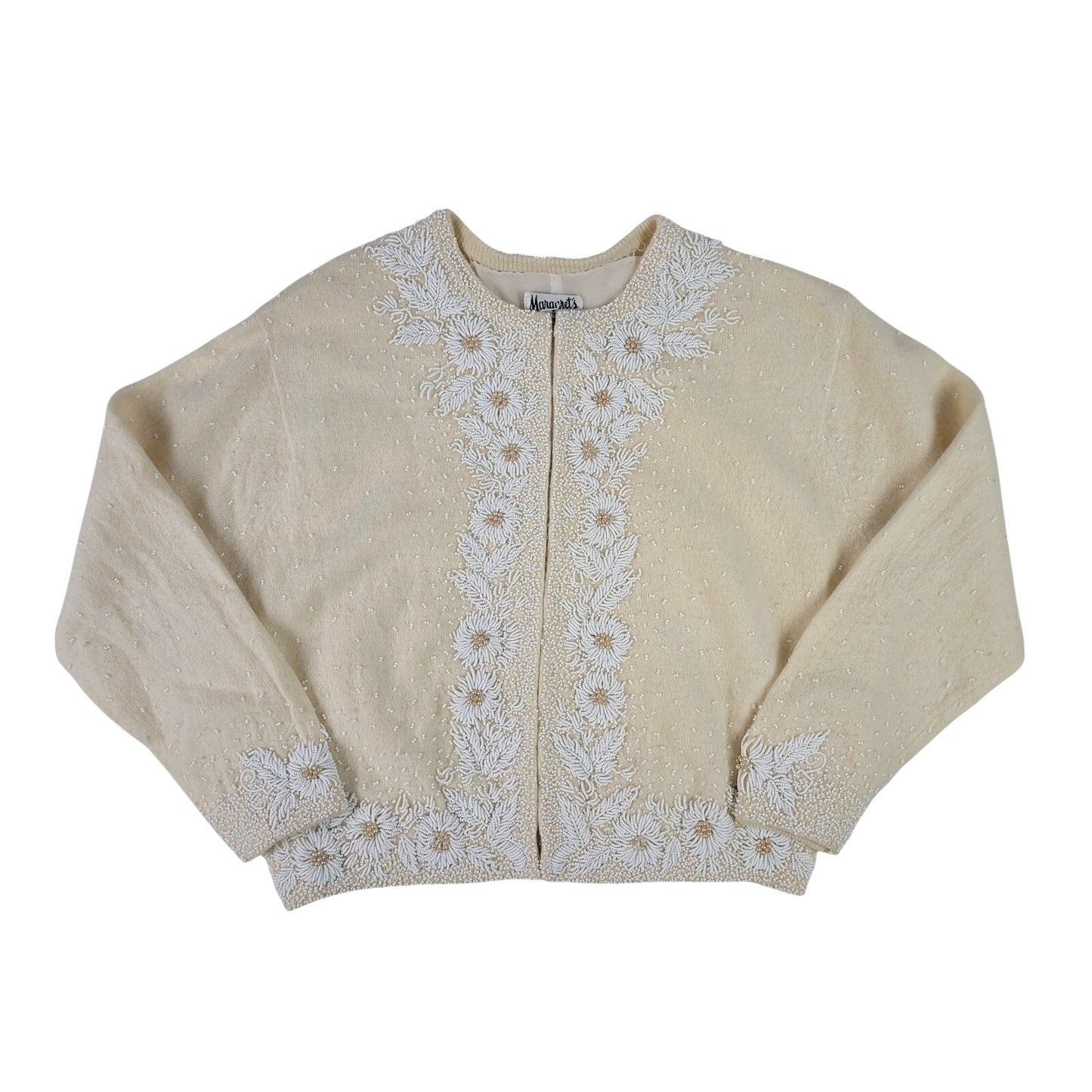 1950s Vintage Margaret's Intricately Beaded Cropped Creme White Sweater Sz XS/S