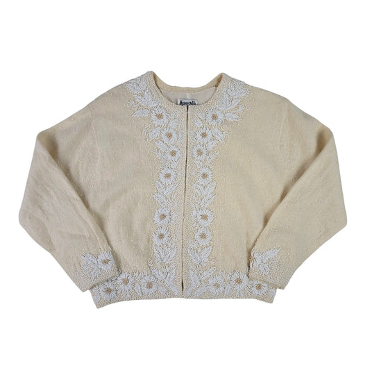 1950s Vintage Margaret's Intricately Beaded Cropped Creme White Sweater Sz XS/S