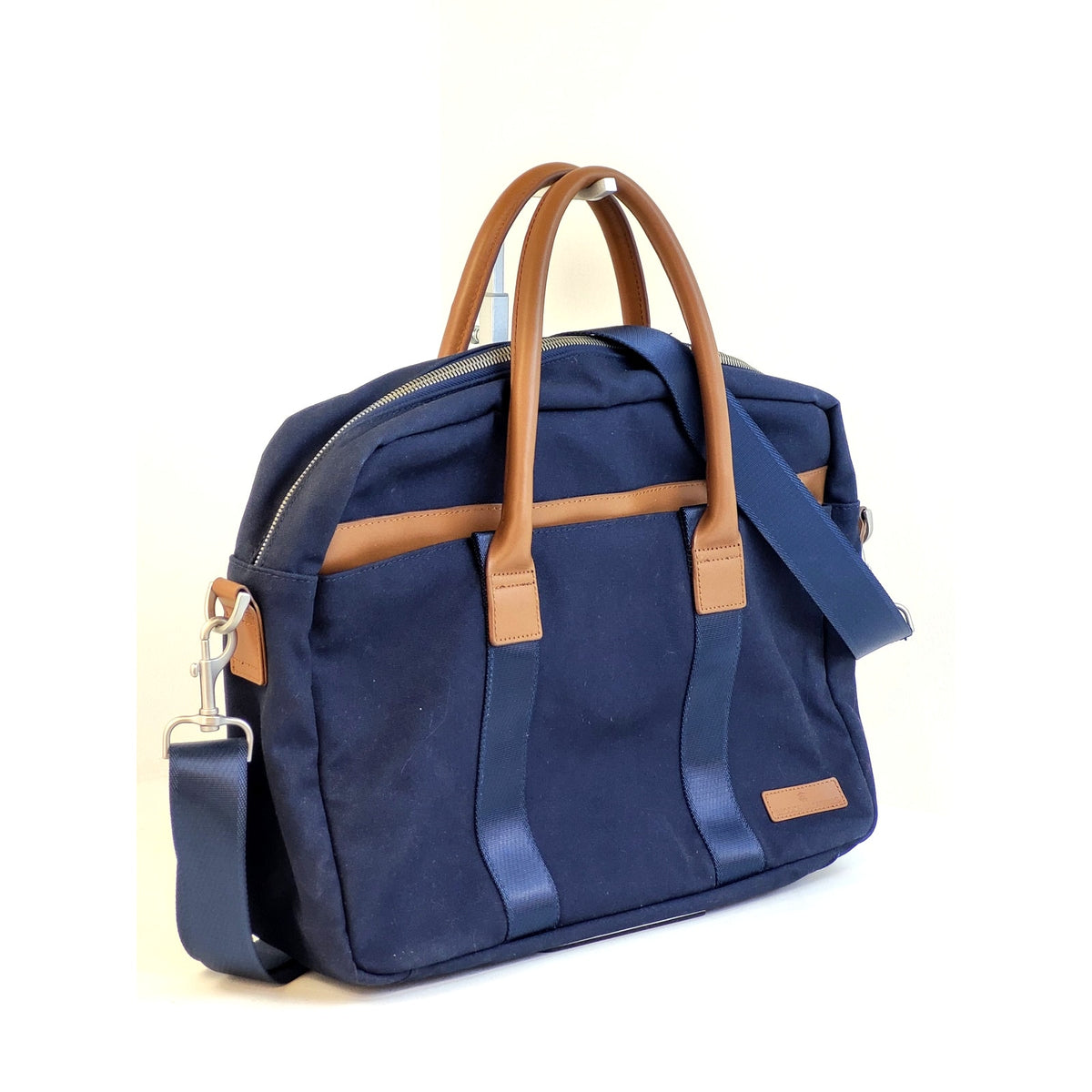 Brooks Brothers Wells Briefcase Navy Blazer Colorway w Brown Leather Handles EUC