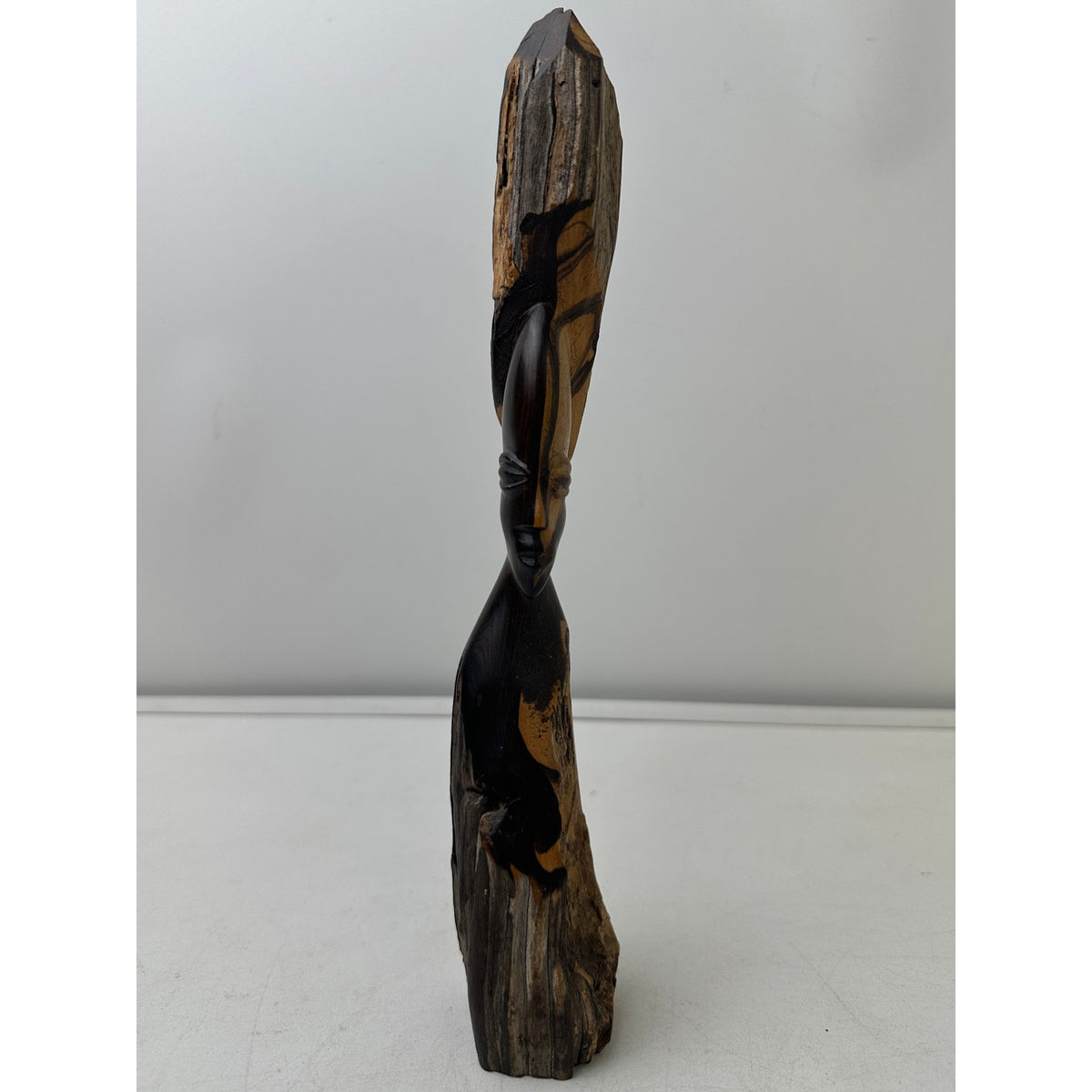 Vintage Hand-Carved Zambian Ebony Wood Two-Tone Tribal Woman Sculpture