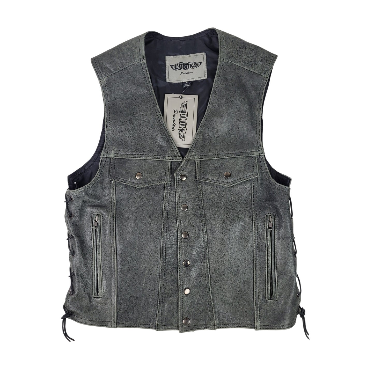 Unik Premium Distressed Grey Leather Motorcycle Vest w Front Chain Men's Sz M