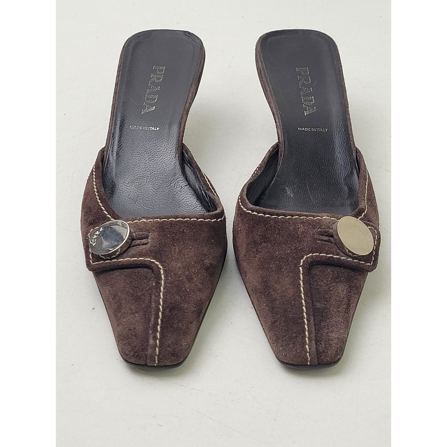 VTG PRADA Brown Suede Leather Mules Contrast Stitching Silver Hardware Sz 37.5