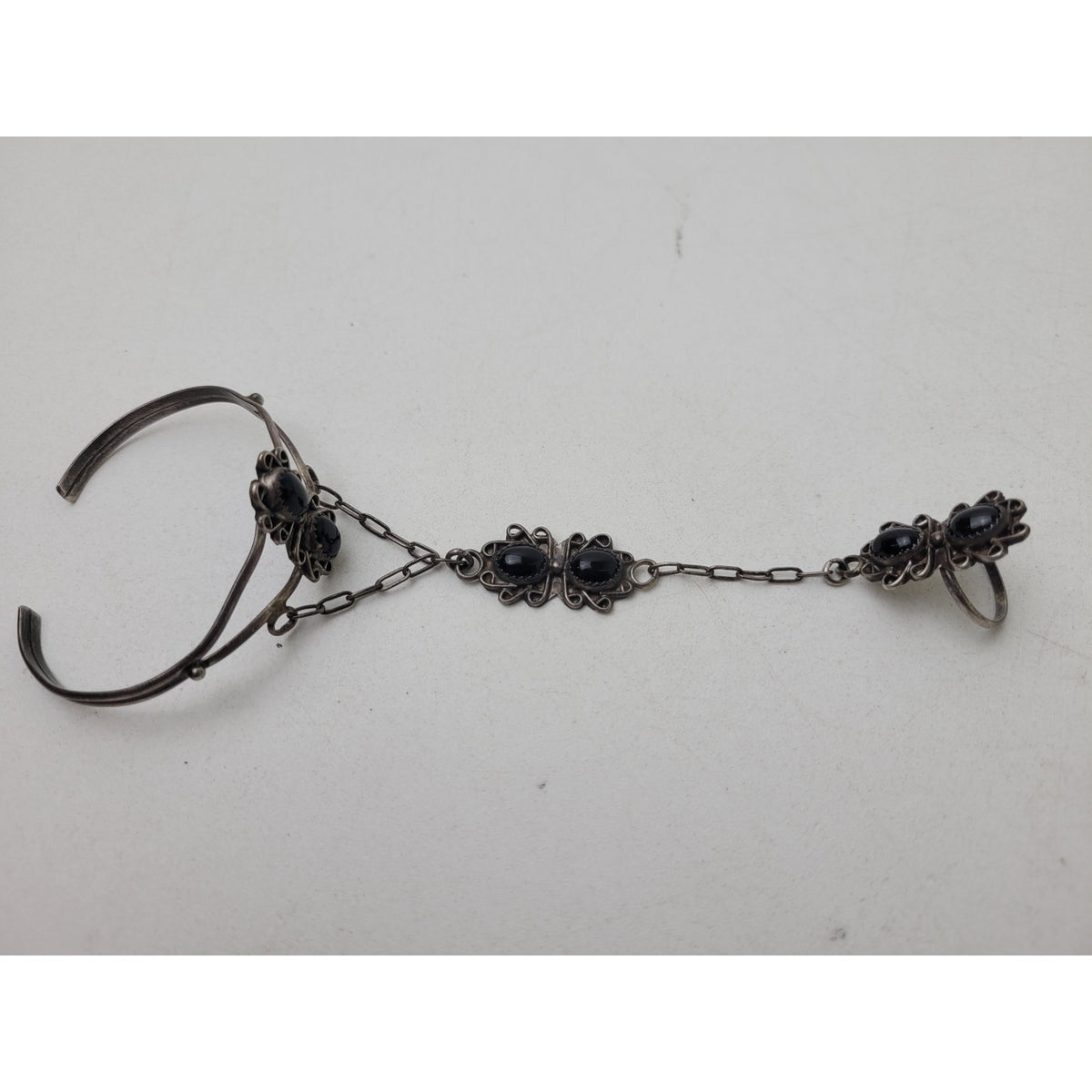 Vintage Navajo Sterling Silver Bracelet Ring Chained Set w Onyx Stones