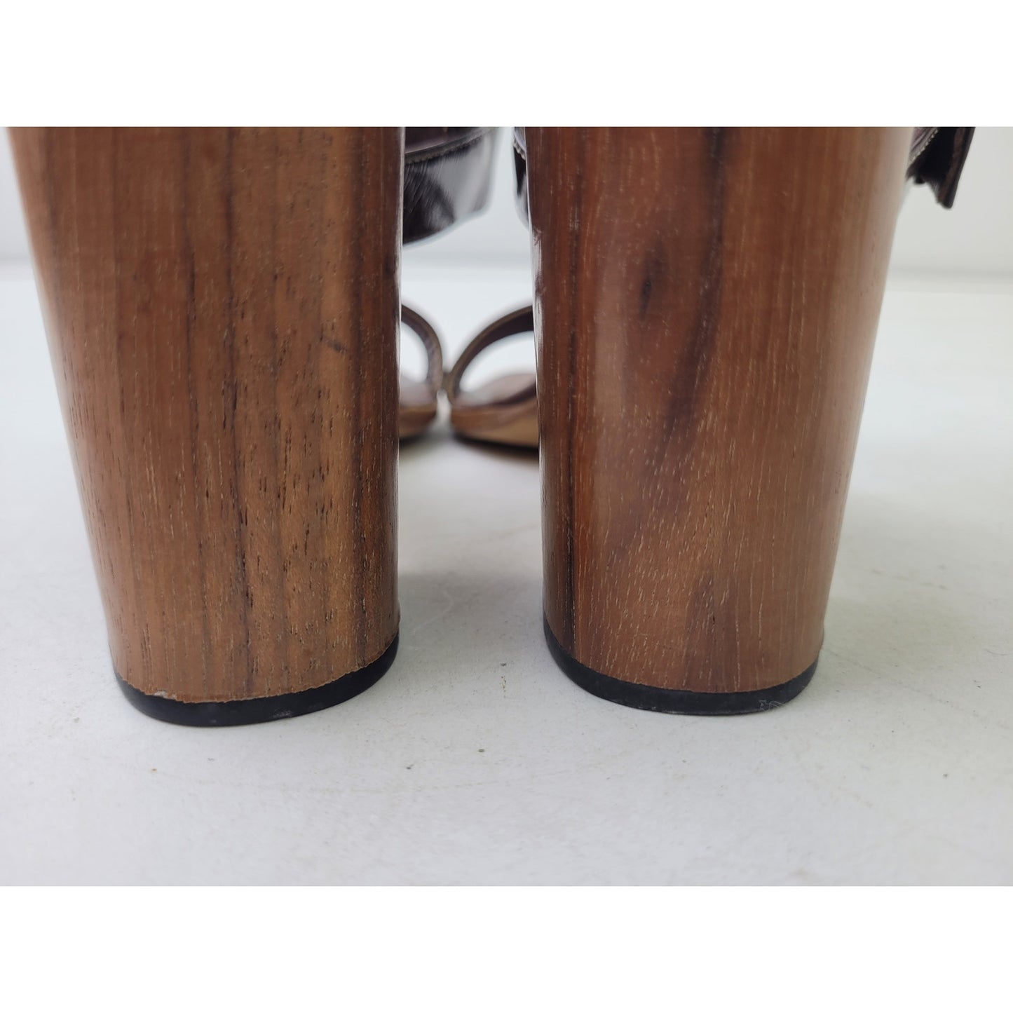 PRADA Brown Patent Leather Strappy Wooden Block Heels Sz 37.5/7 | Made in Italy