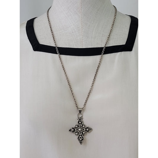 Vintage Sterling Silver Cross Pendant on 24" 925 Rolo Chain | Made in Mexico
