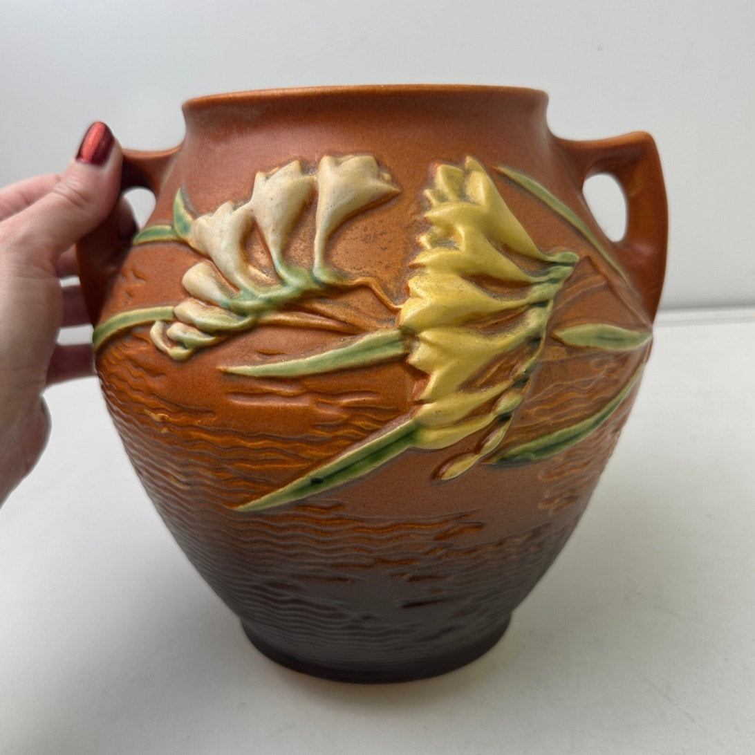 Vintage Roseville Freesia Art Orange Pottery Double-Handled Vase