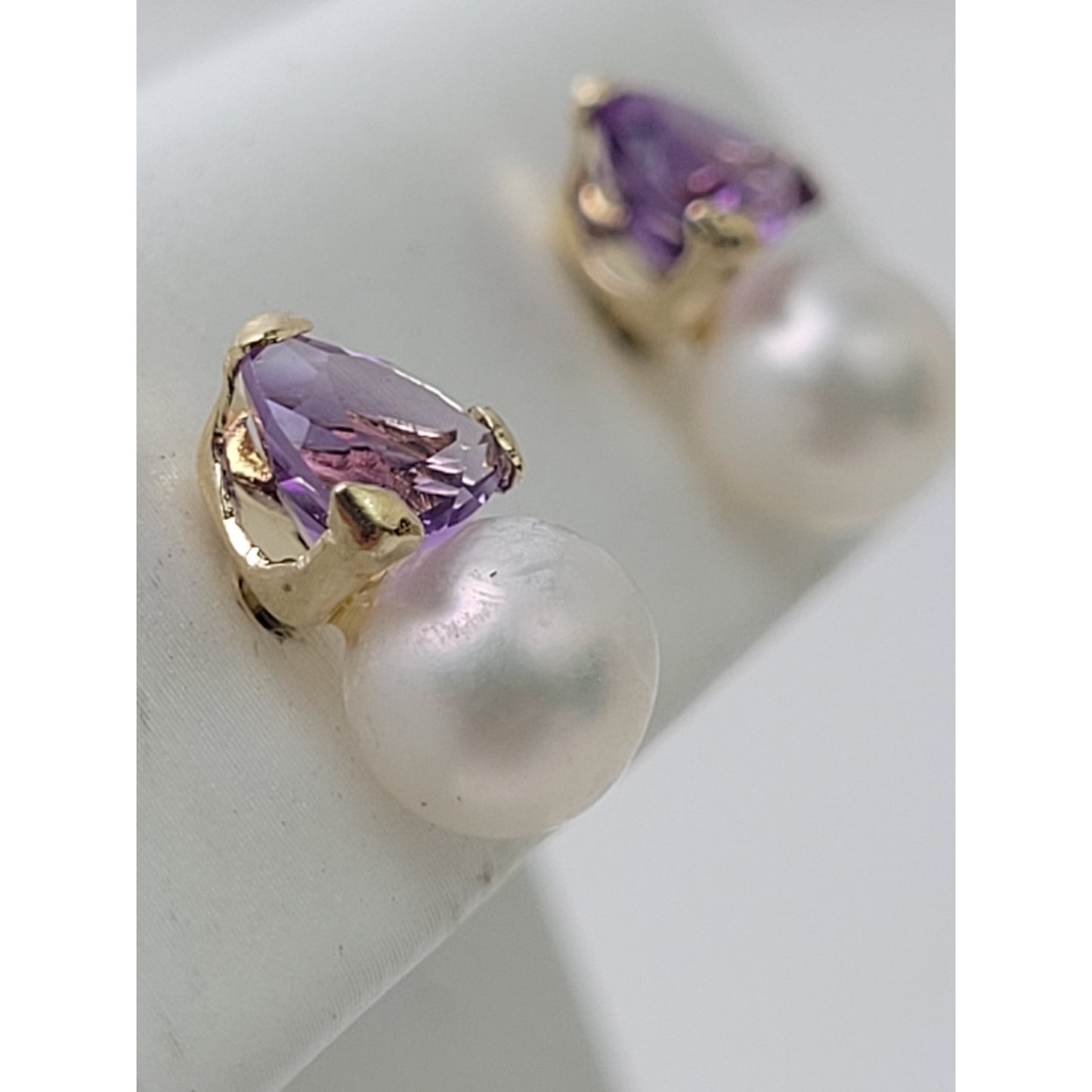 14K Yellow Gold Purple Amethyst & Pearl Drop Earrings 10mm Length