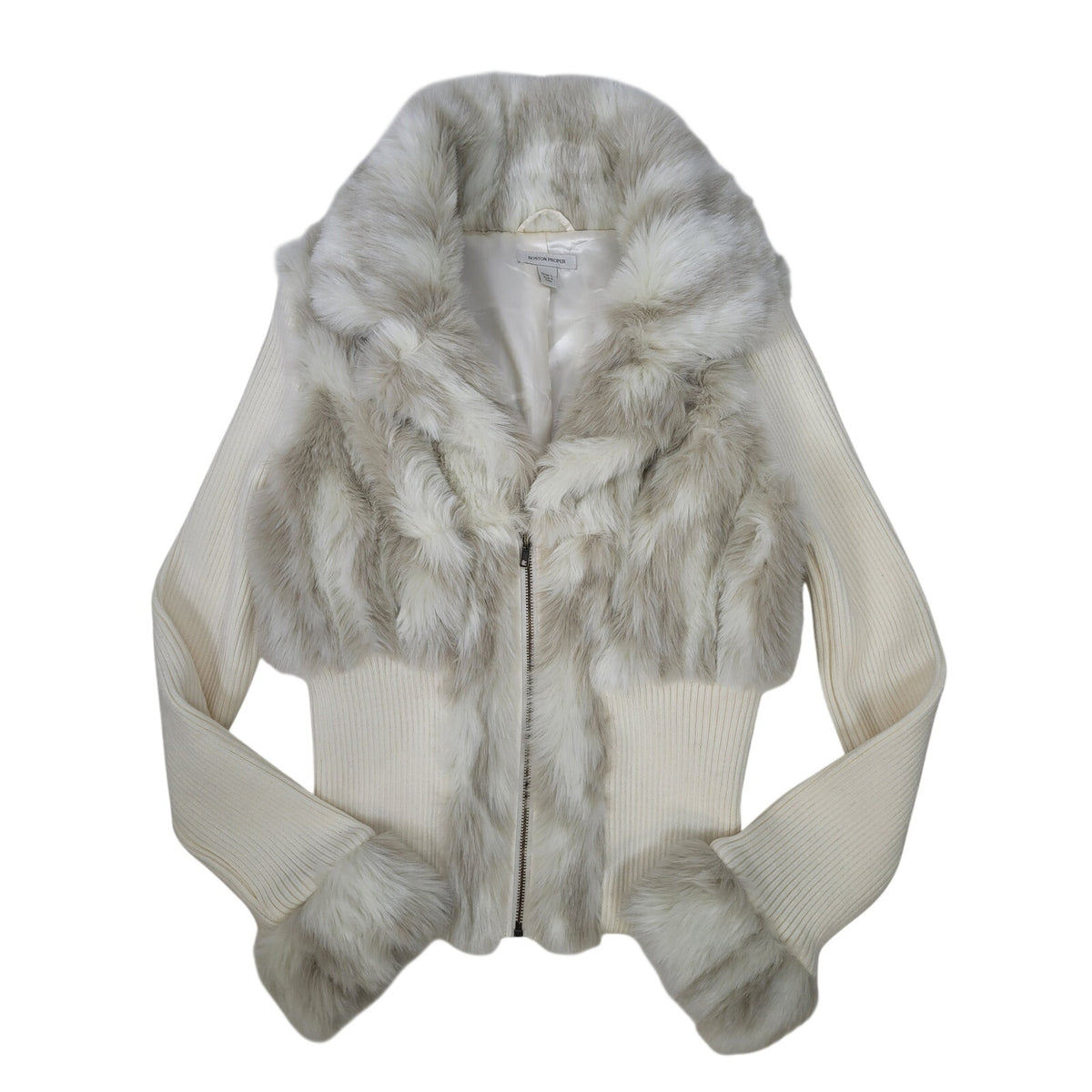 Y2K Boston Proper Faux Fur Ribbed Knit Sweater Jacket Women's Sz L