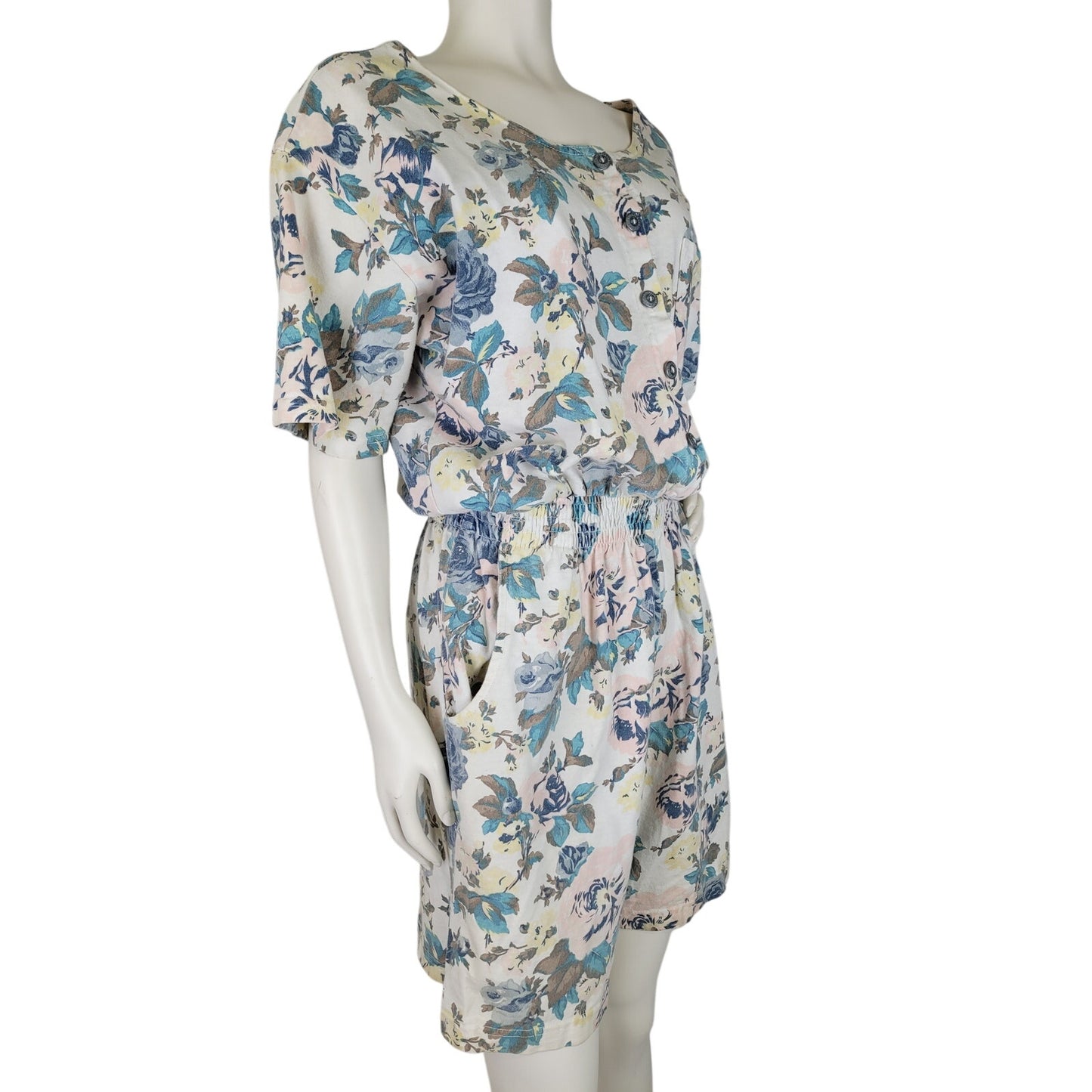 1990s Action Gear Pastel Flower Print Cotton Jersey Romper Women's Sz M/L