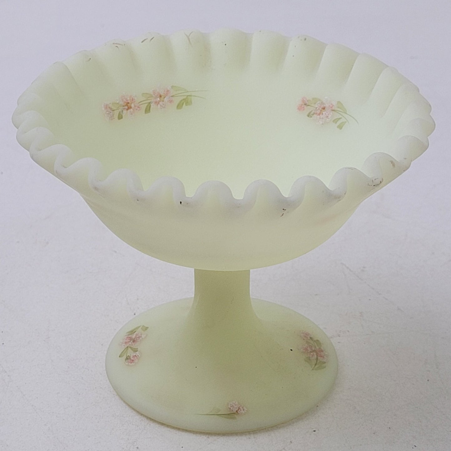 Vintage 1970s Fenton Custard Satin Small Compote Hand-Painted Artist Signed