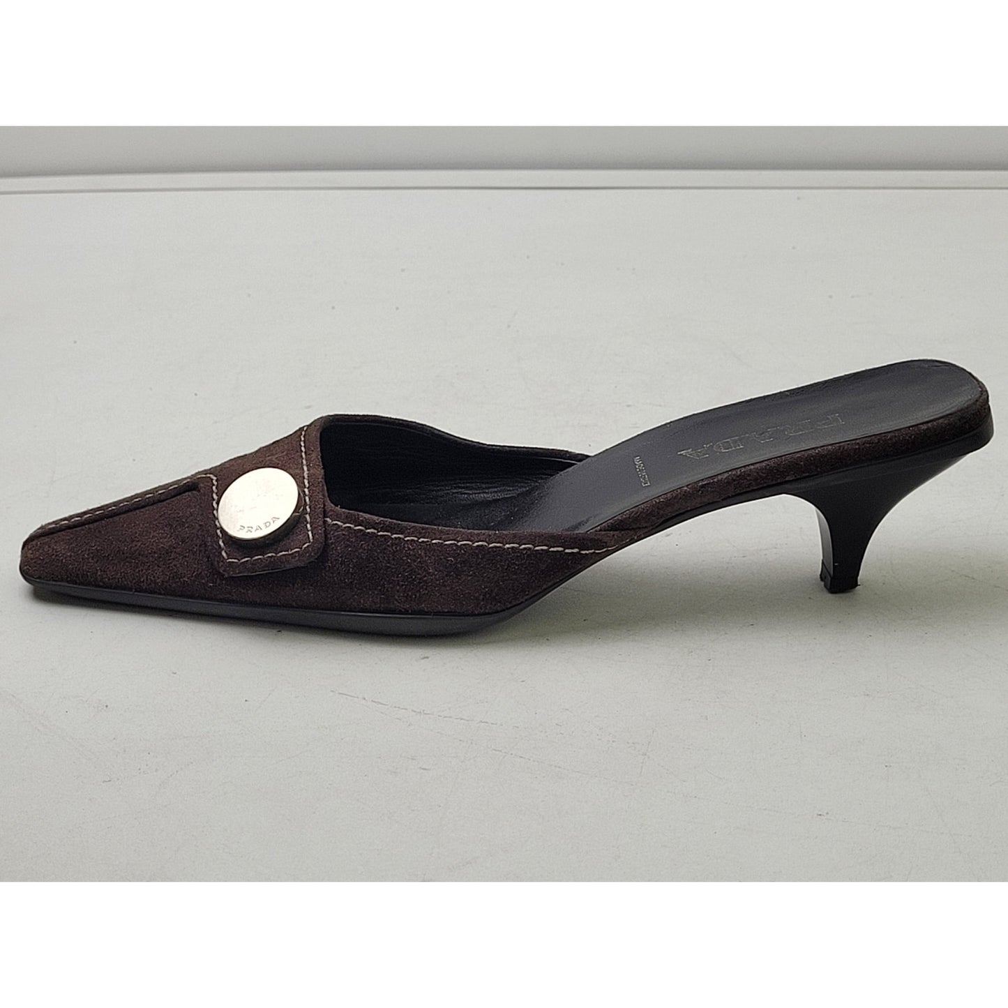 VTG PRADA Brown Suede Leather Mules Contrast Stitching Silver Hardware Sz 37.5