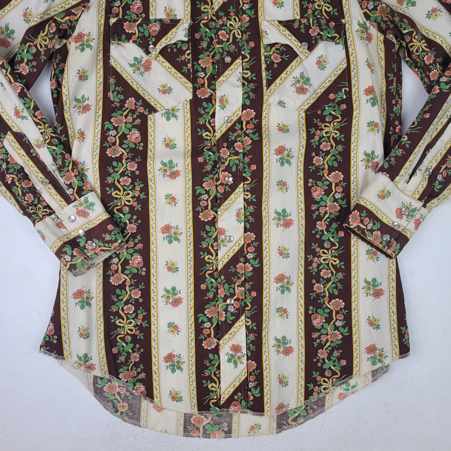 VTG 1970s Tem Tex Western Pearl Snap Floral Print Shirt Men's Sz S