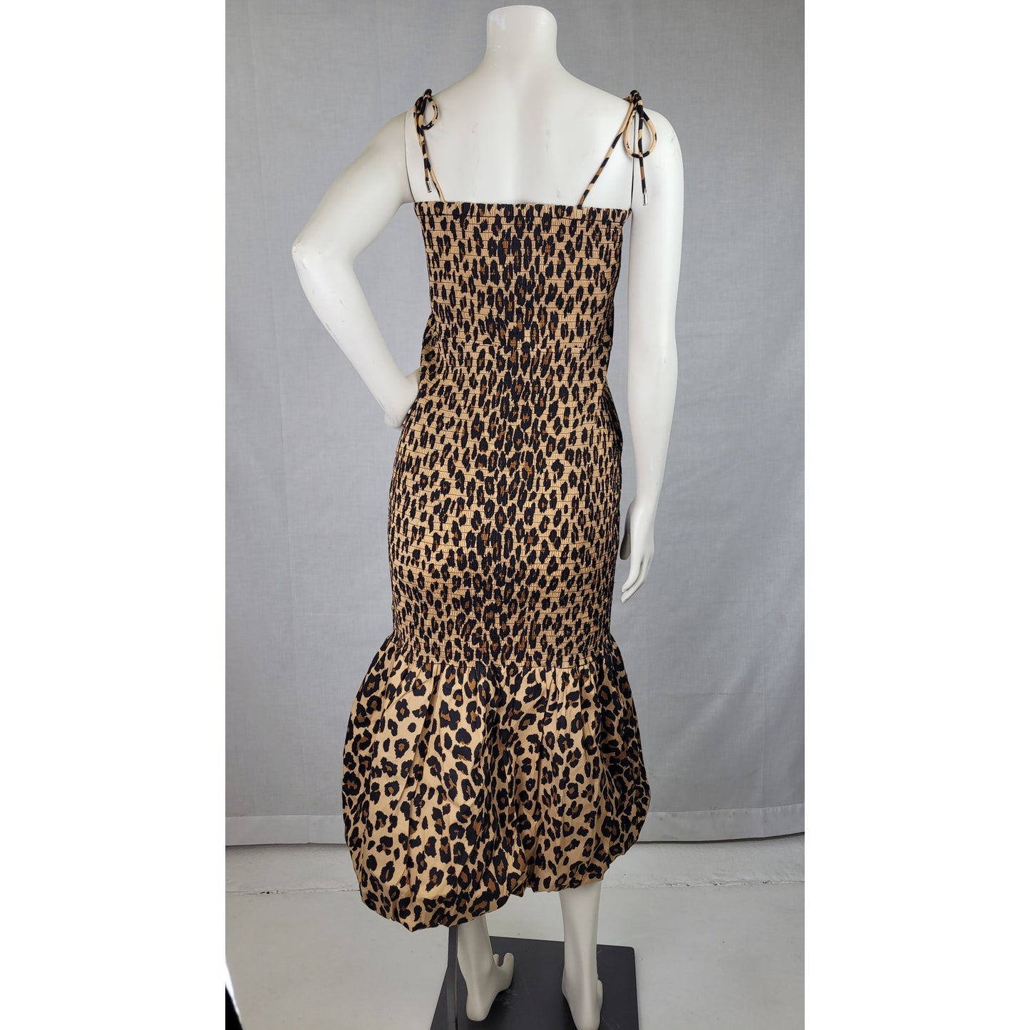 SIMONMILLER Canto Smocked Poplin Dress in Leopard Print Adustable Straps Sz S
