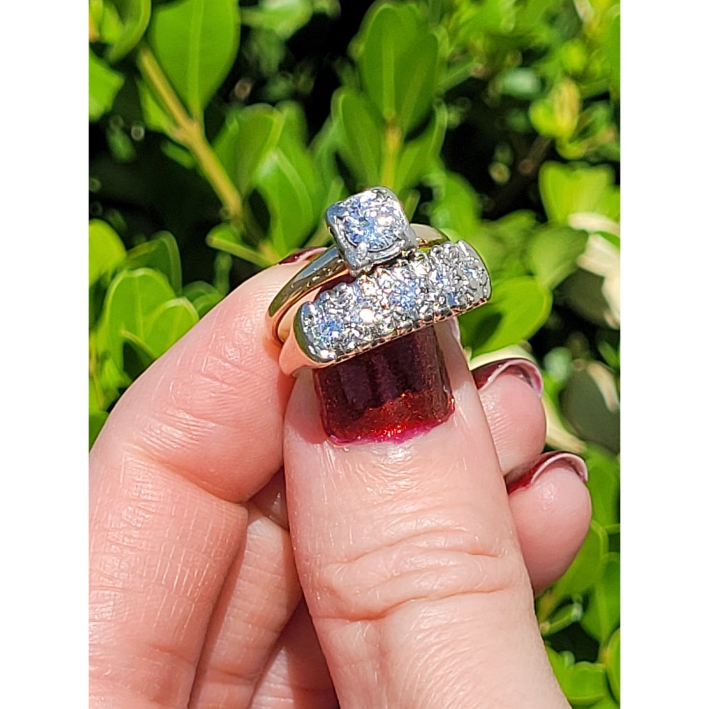 Vintage 14K Yellow & White Gold 5mm Round Diamond Engagement & Wedding Ring Set