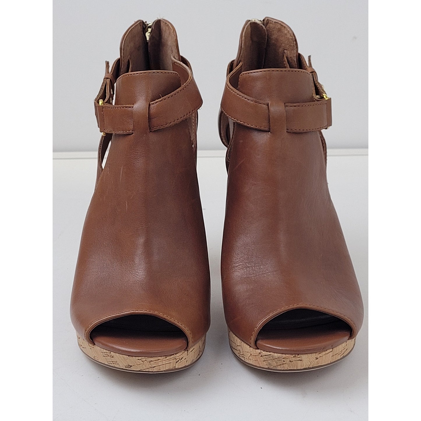 Ralph Lauren Fiana Polo Tan Cognac Leather Open Toe Booties Sz 9