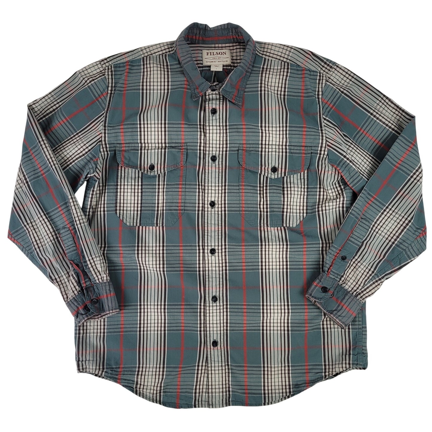 Filson Washed Feather Cloth Shirt | Sage Green & Red Plaid | Men's Sz L