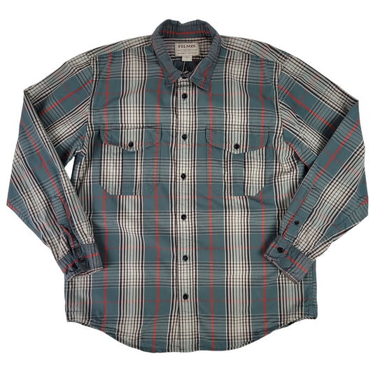 Filson Washed Feather Cloth Shirt | Sage Green & Red Plaid | Men's Sz L