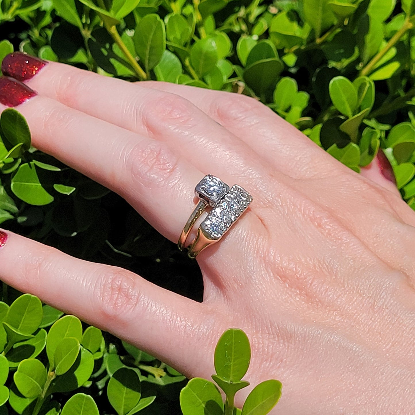 Vintage 14K Yellow & White Gold 5mm Round Diamond Engagement & Wedding Ring Set