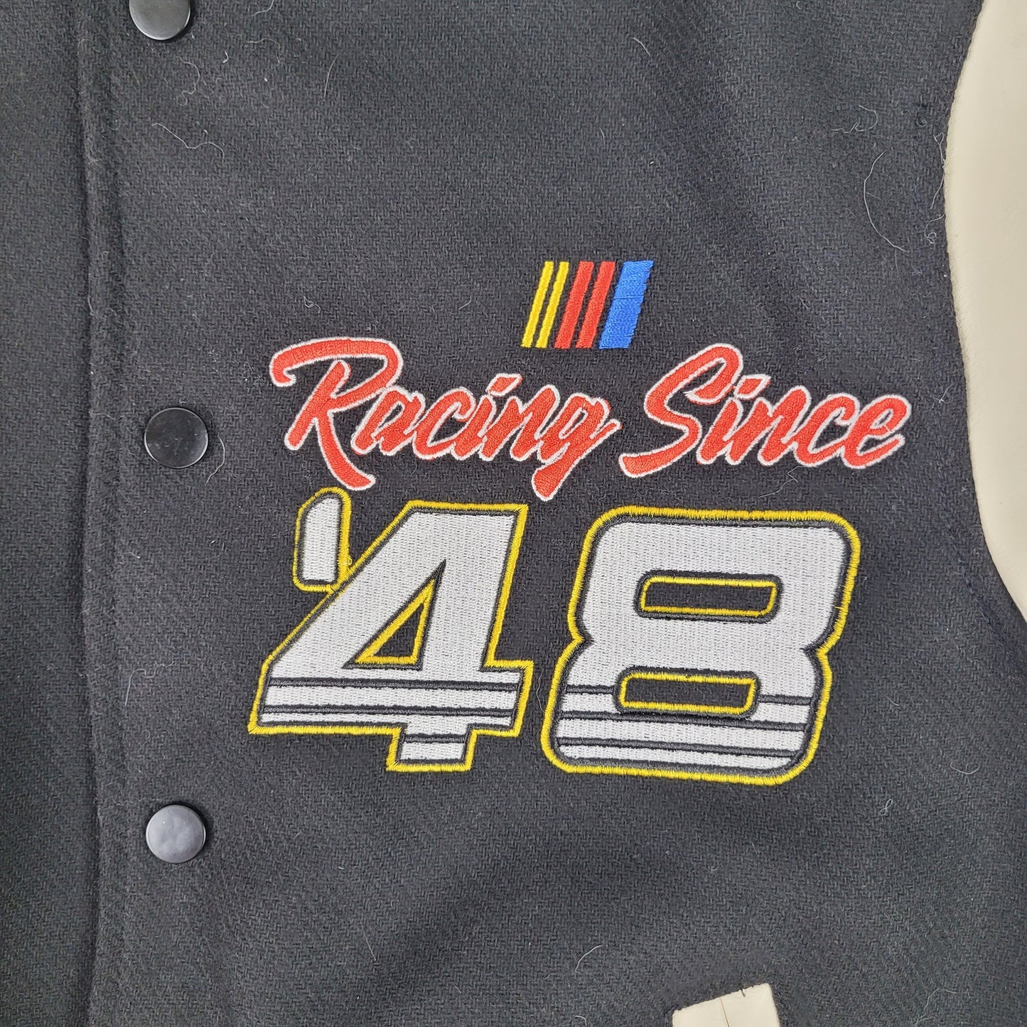 Tillys NASCAR Racing Since '48 Varsity Jacket Black & White Faux Leather Sz XS