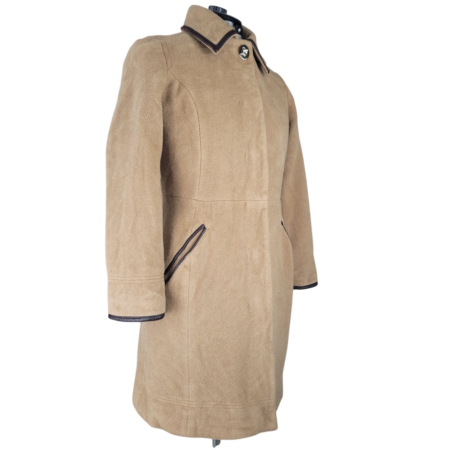 Coach Tan Mohair/Wool Brown Leather Trim Overcoat Sz XS