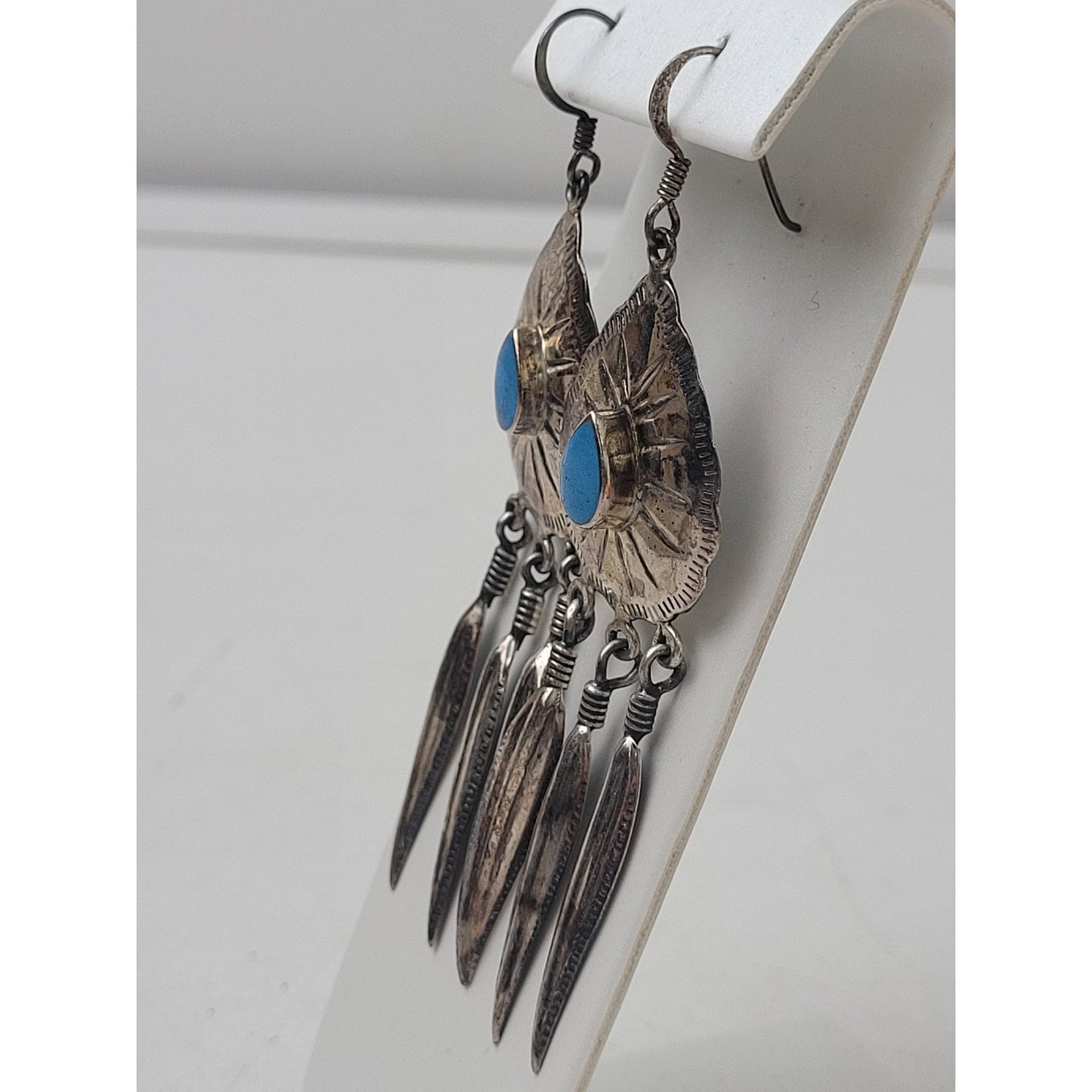 VTG Sterling Silver Southwestern Dangle Earrings Blue Stone Long Feather Charms