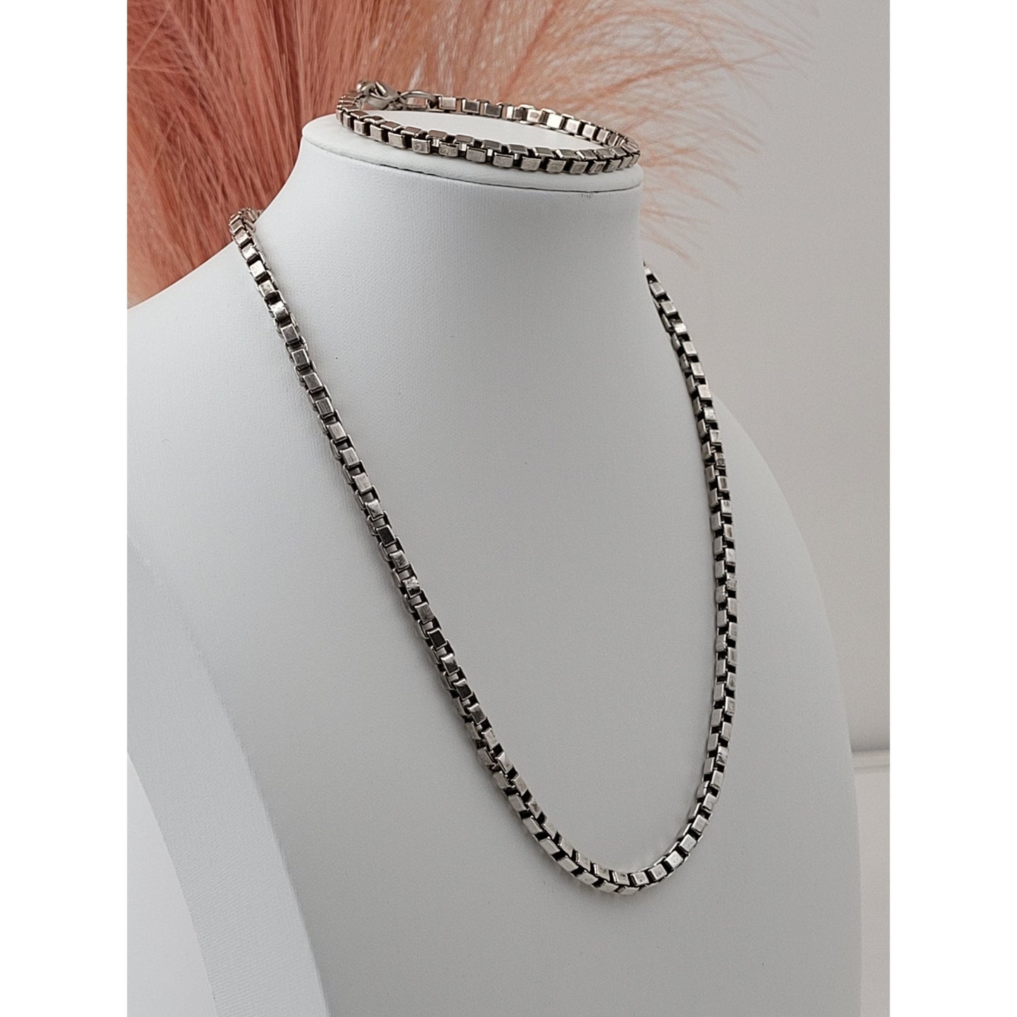 Tiffany & Co. Silver Box Link Venetian Chain Bracelet 7.5" & Necklace 16.5” Set