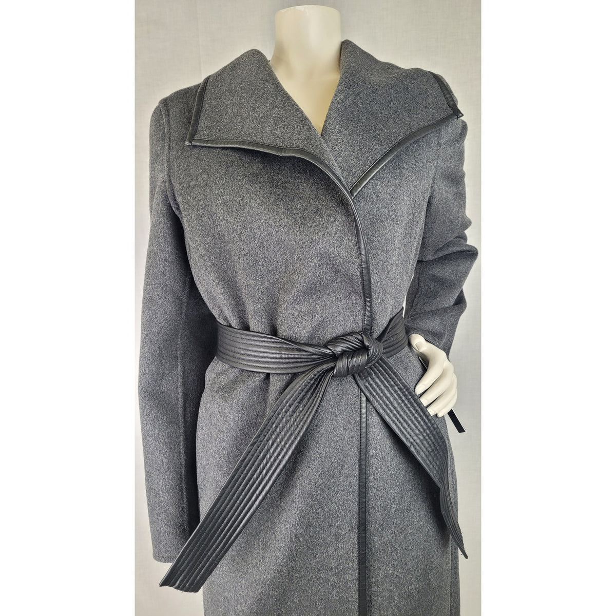 Tahari Double Face Wool-Blend Coat in Charcoal Grey Wide Collar Belted Sz XS NWT