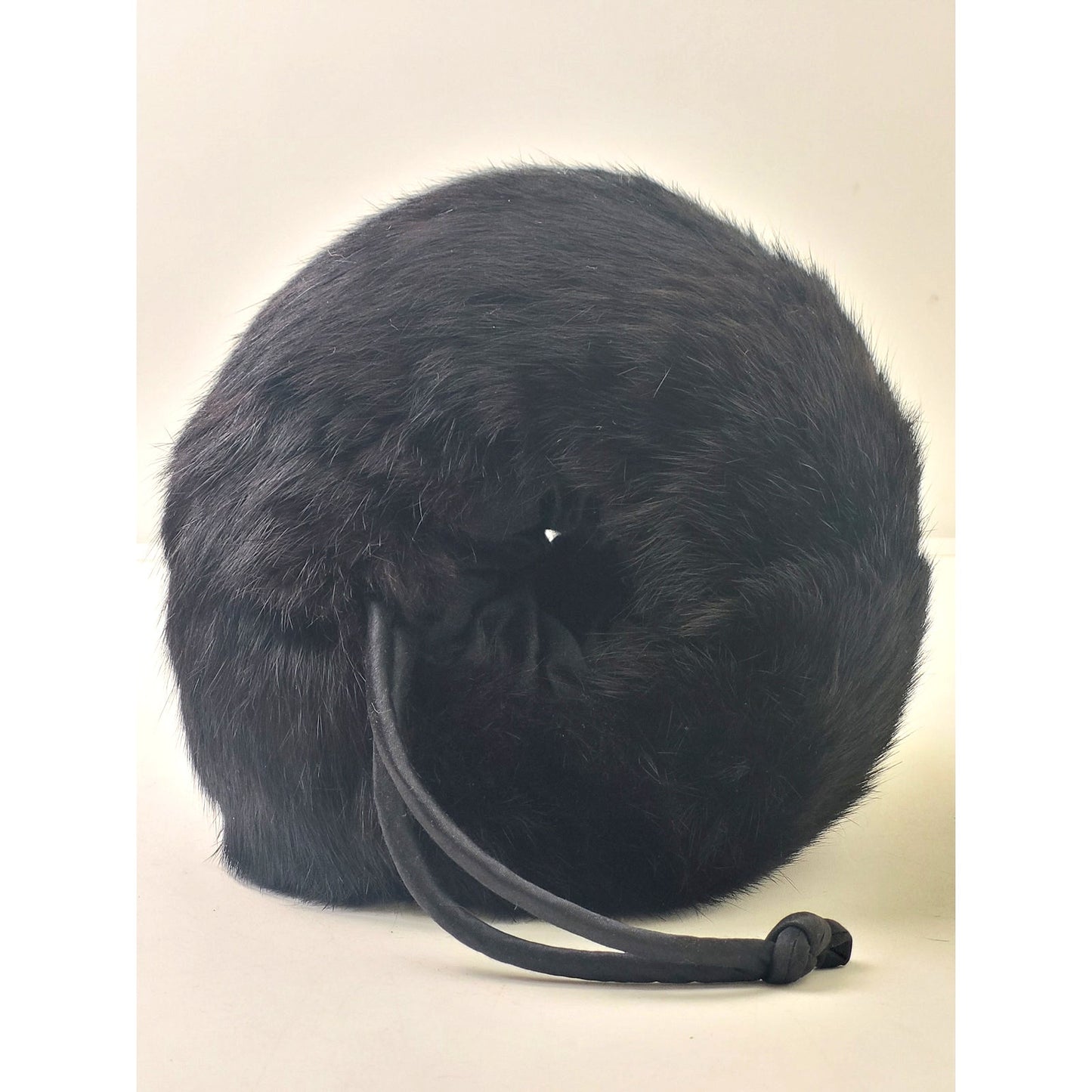 Vintage Black Fur Muff Handwarmer Lined w Wrist Strap