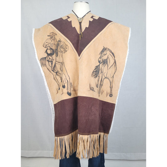 Mexican-made Western-style Leather Poncho w Fringe Cowboy and Horse Design