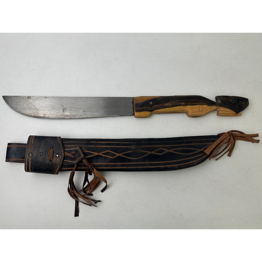 Vintage Dominican Promedoca Machete | Hand Carved Animal Handle & Tooled Leather Sheath