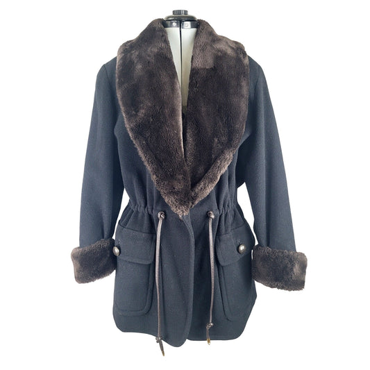 Vintage Anne Klein II Black Wool Faux Fur Trim Coat Women's Sz M
