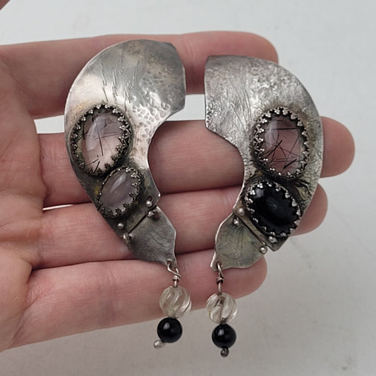 1980s Artisan-made Sterling Silver Ear Cuffs w Black & Clear Gemstones