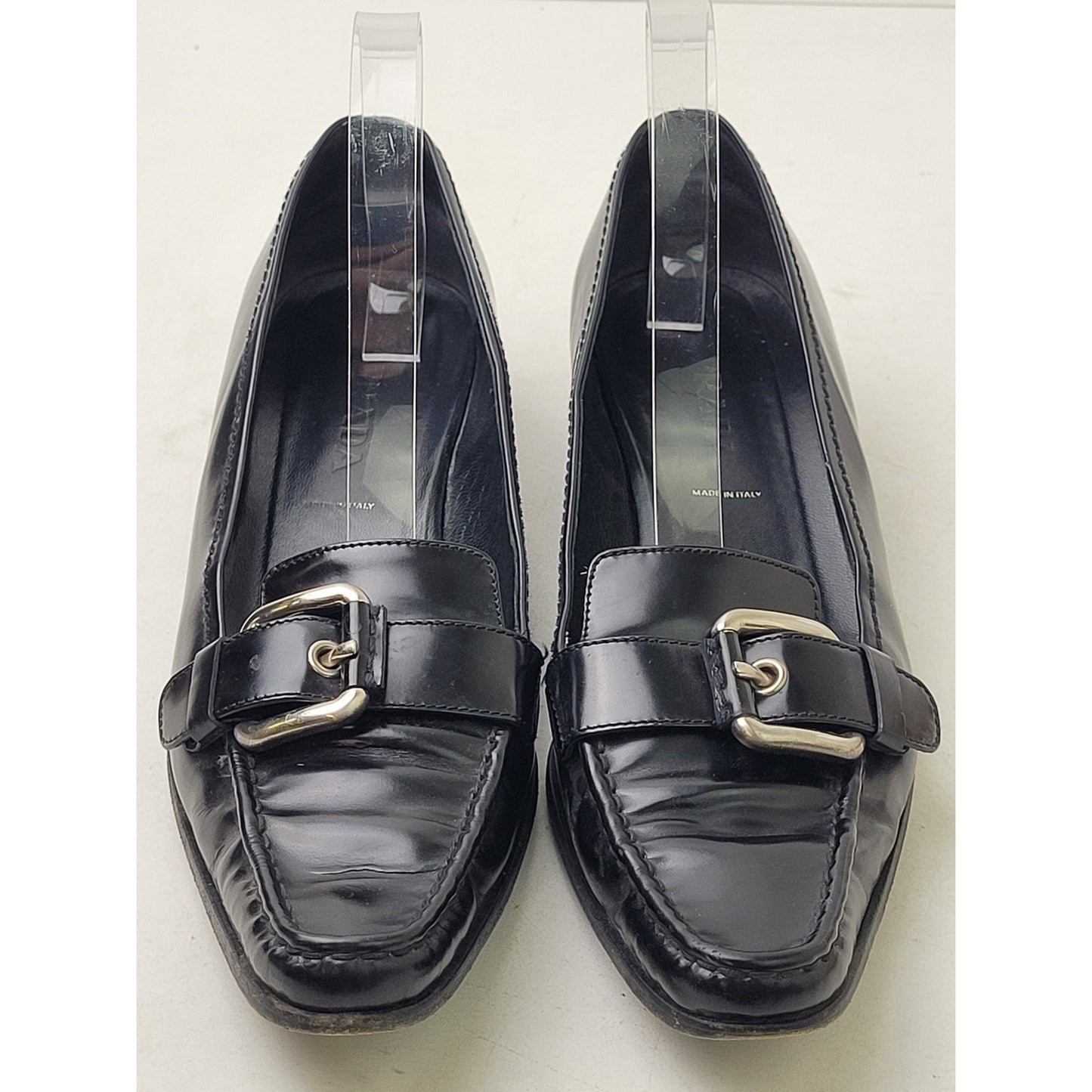 Vintage PRADA Black Leather Loafers Silver Buckle Women's Sz EU 38 1/2 / US 8