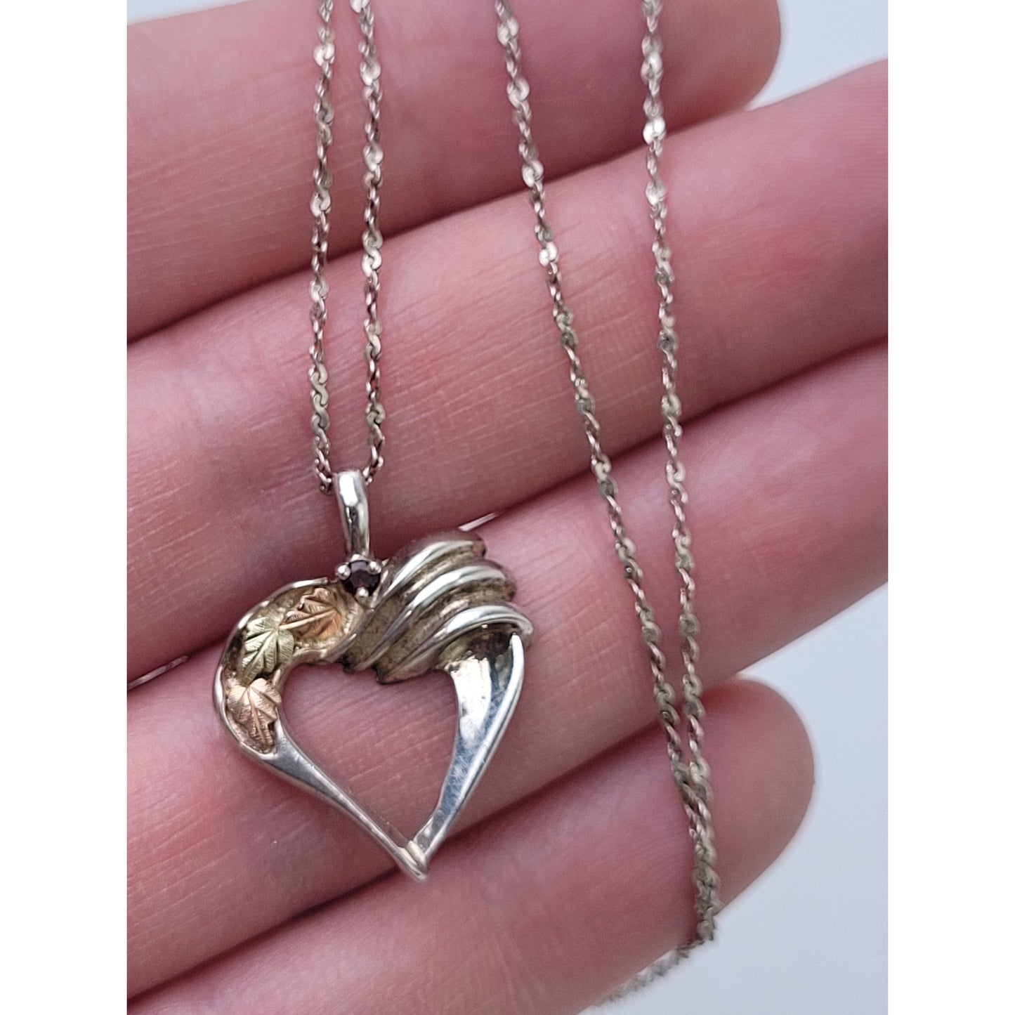 Vintage Garnet Black Hills Gold Sterling Silver Heart on 925 18" Chain