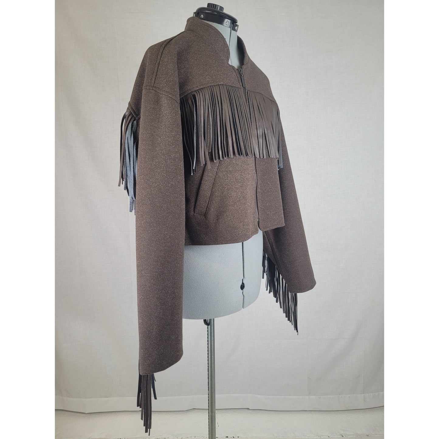 BLANK NYC Anthropologie Brown Cropped Fringe Bomber Jacket Women's Sz L NWT