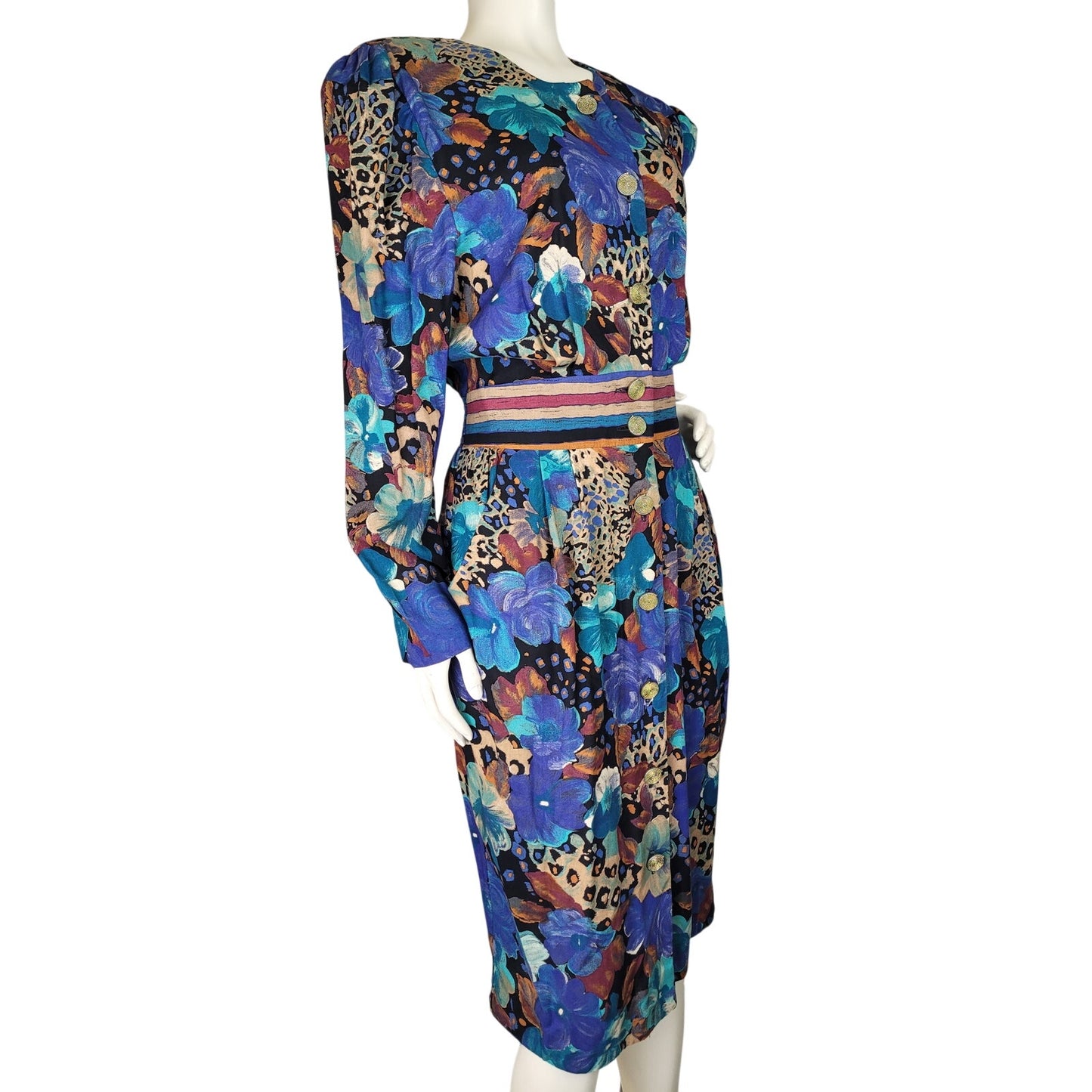 Vintage 1990s Mixed Print Below the Knee Dress w Slight Puff Sleeves Sz S