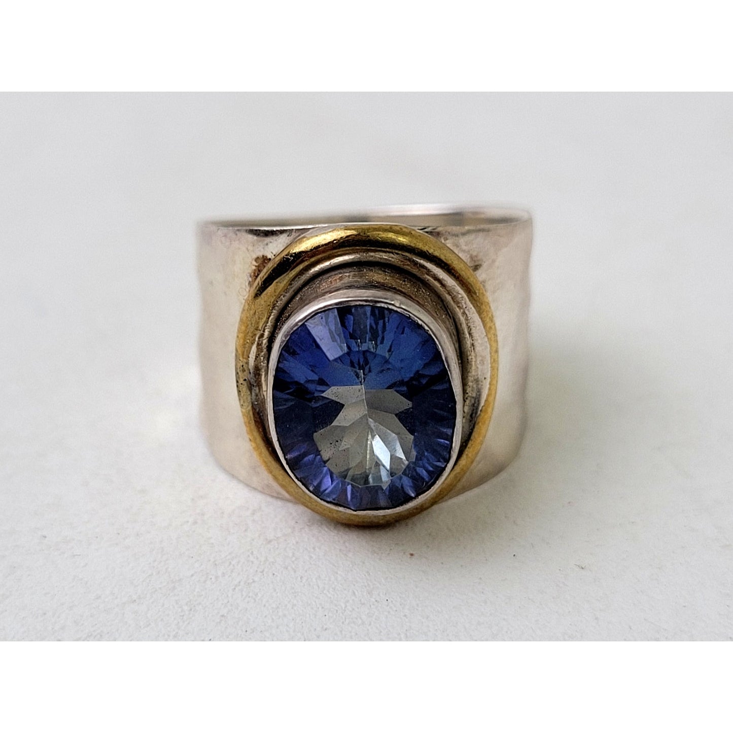 Vintage Large Blue Mystic Quartz Sterling Silver Brass Sz 6.5