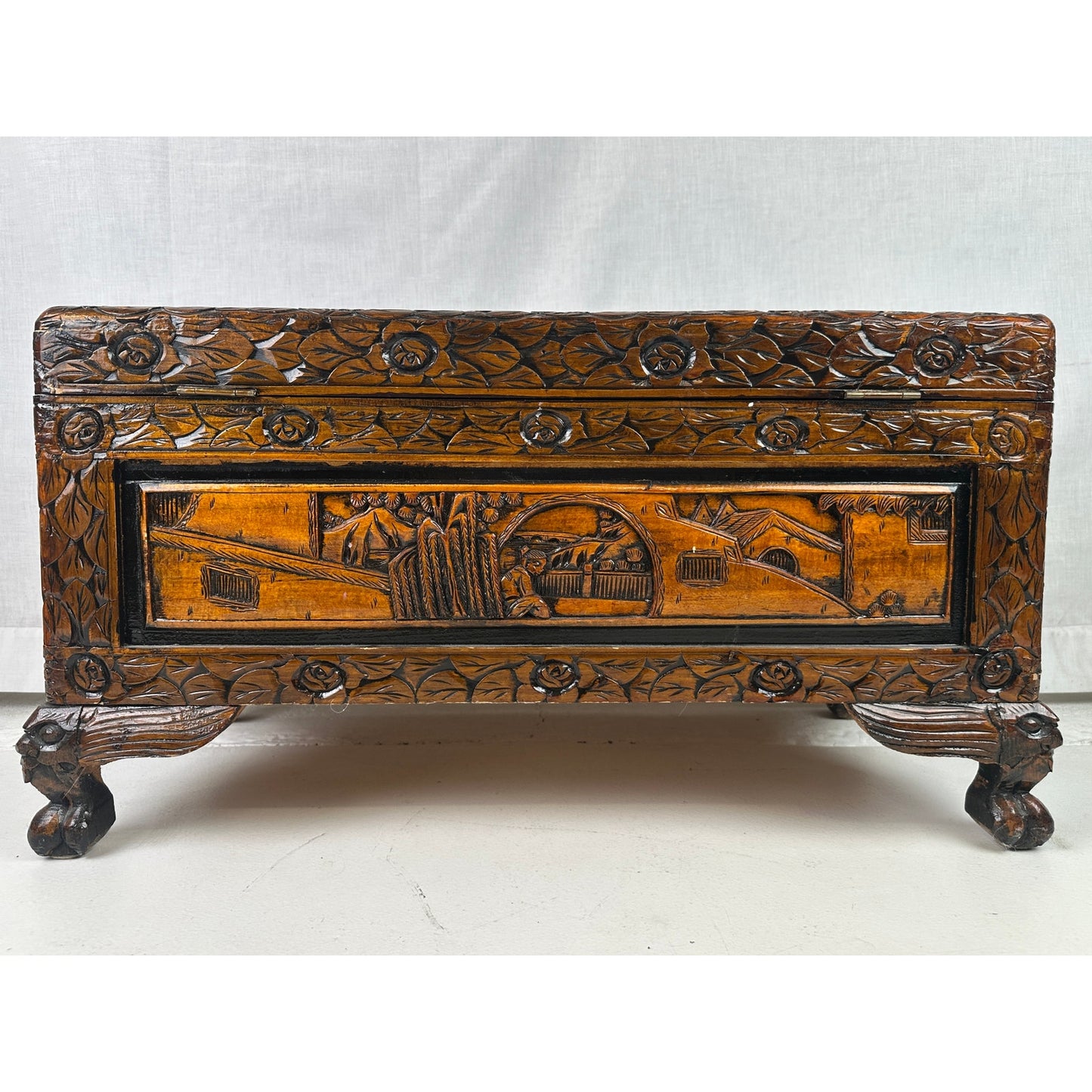 Vintage Hand-Carved Asian Wood Storage Chest