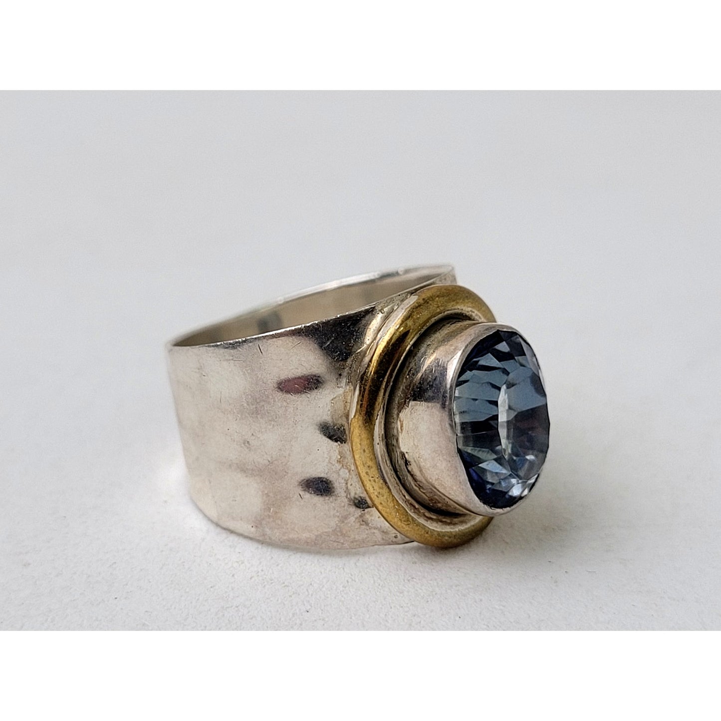 Vintage Large Blue Mystic Quartz Sterling Silver Brass Sz 6.5