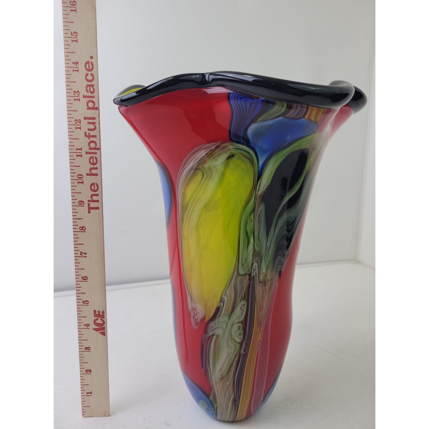 VTG Hand-Blown Murano Glass Handkerchief Vase Vibrant Red Multicolor 13.5" Tall