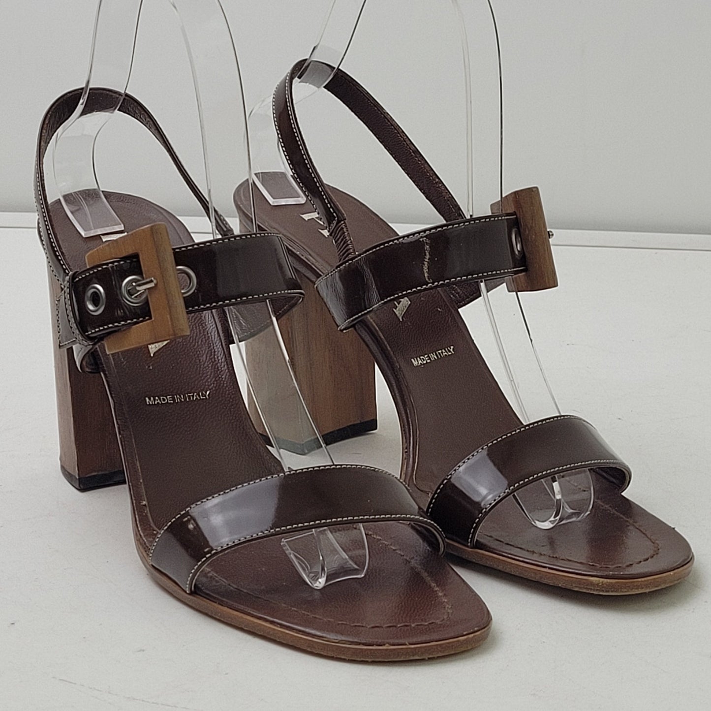 PRADA Brown Patent Leather Strappy Wooden Block Heels Sz 37.5/7 | Made in Italy