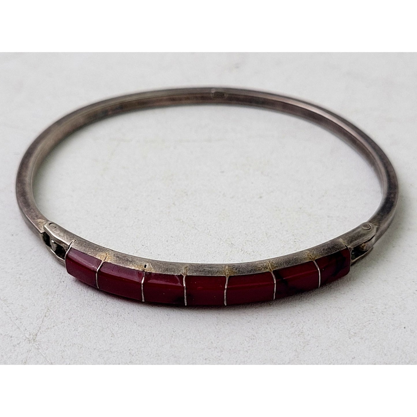 Vintage Mexican Sterling Silver Hinged Bracelet with Jasper Inlay