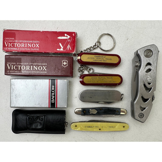 Vintage Knife Lot: Victorinox Boxes, Leatherman e303, SOG Pouch & Barlow