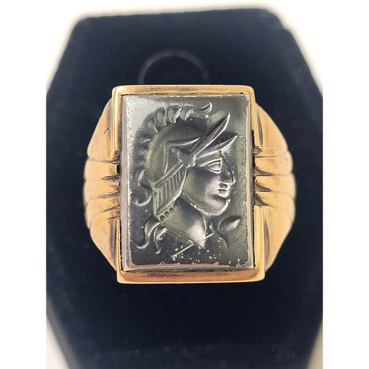 Vintage 9K Yellow Gold Men's Signet Ring Hematite Stone Soldier Sz 9 | 5.83 g