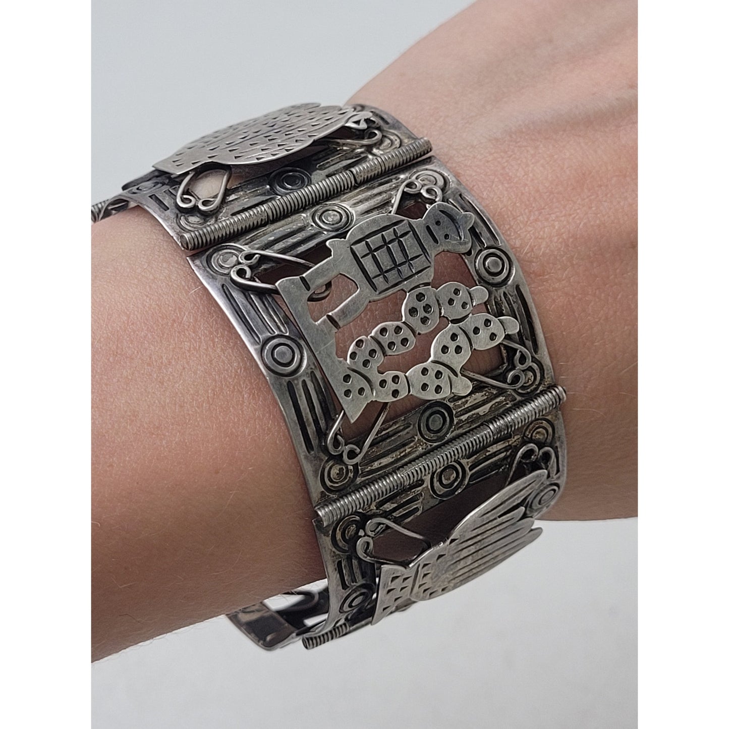 Vintage 1940s Mexican Sterling Silver Panel Bracelet in Original Box