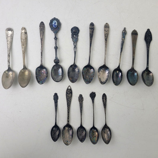 Vintage Antique Sterling Silver & Silver Plate Souvenir Spoon Lot of 15
