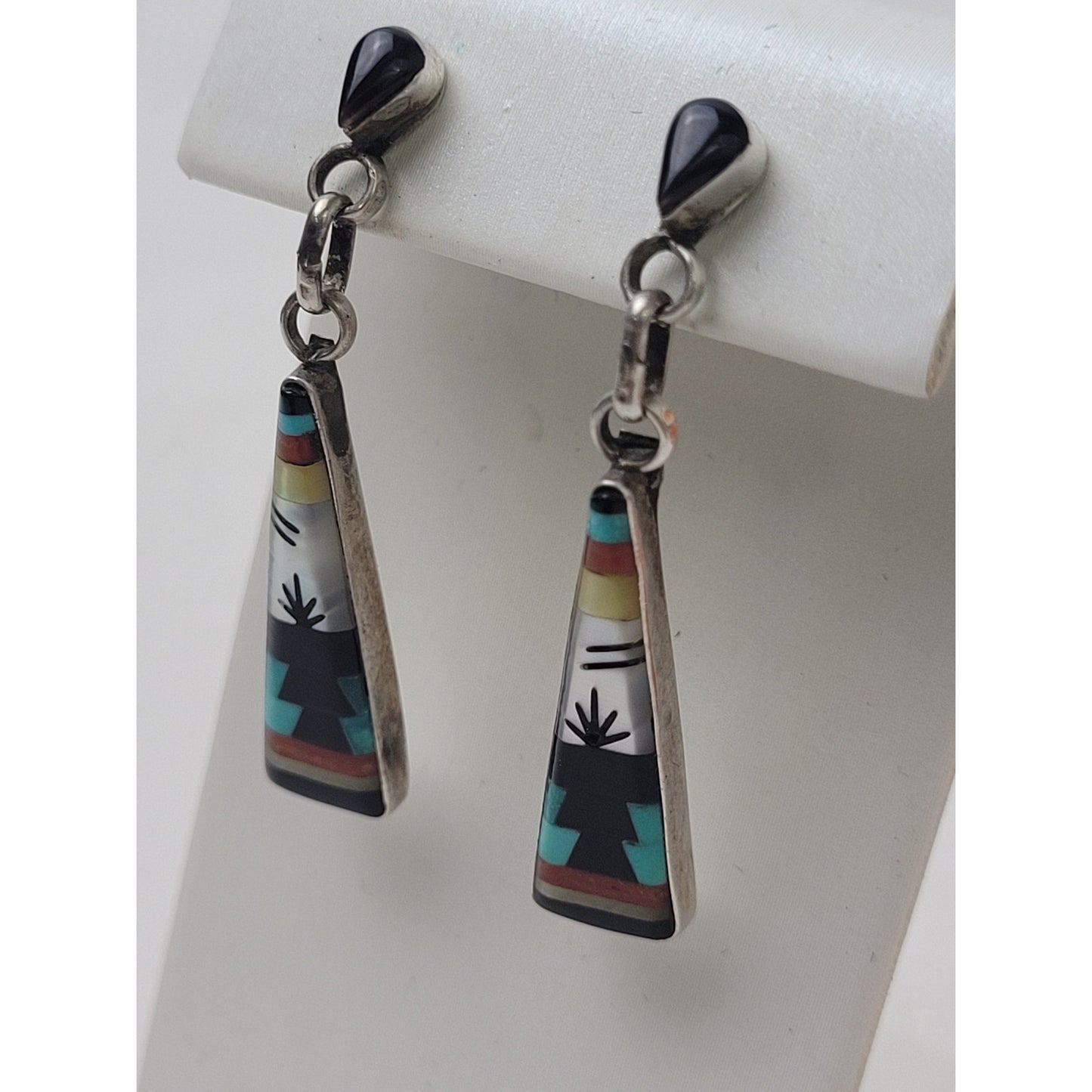 Handmade Native American Zuni Sterling Silver Earrings Multi-Stone Inlay