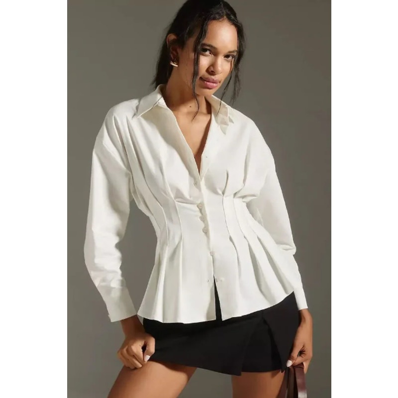 Anthropologie Exquise Tobie Fitted Waist Button Down White Shirt Sz S NWT