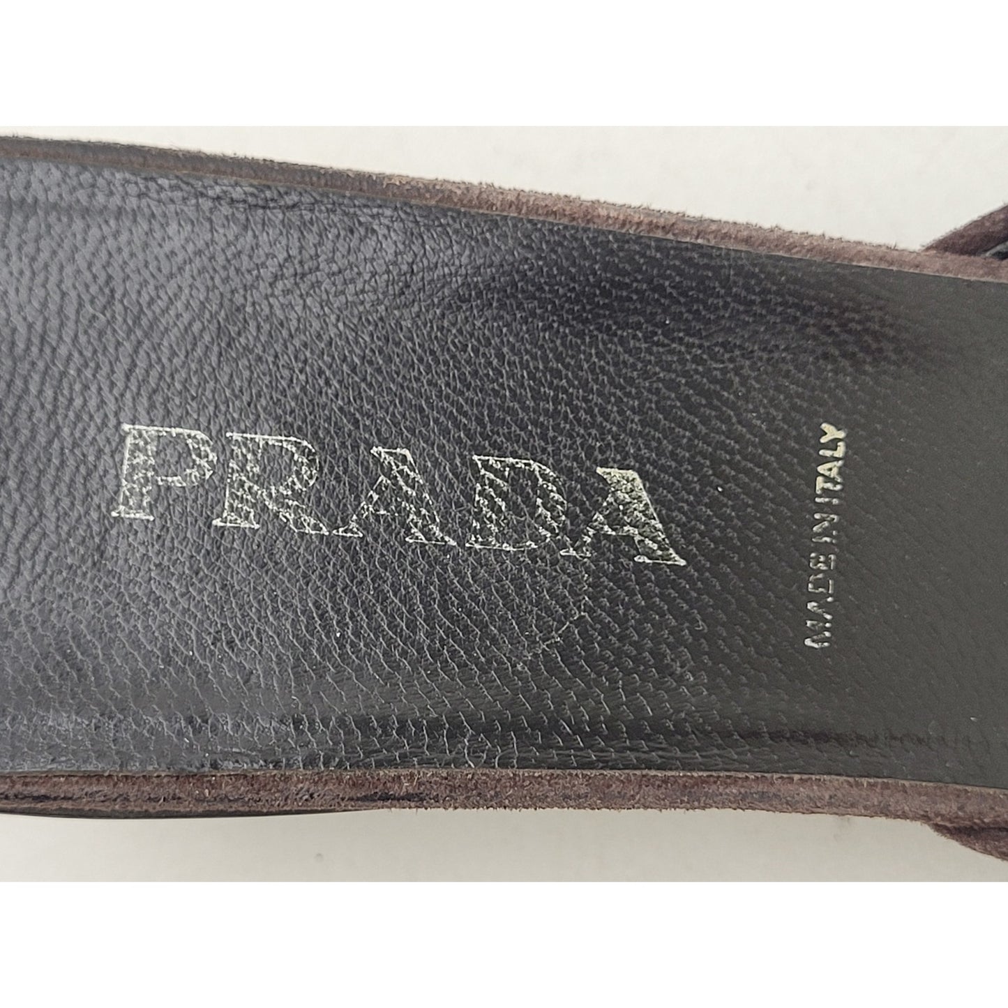 VTG PRADA Brown Suede Leather Mules Contrast Stitching Silver Hardware Sz 37.5