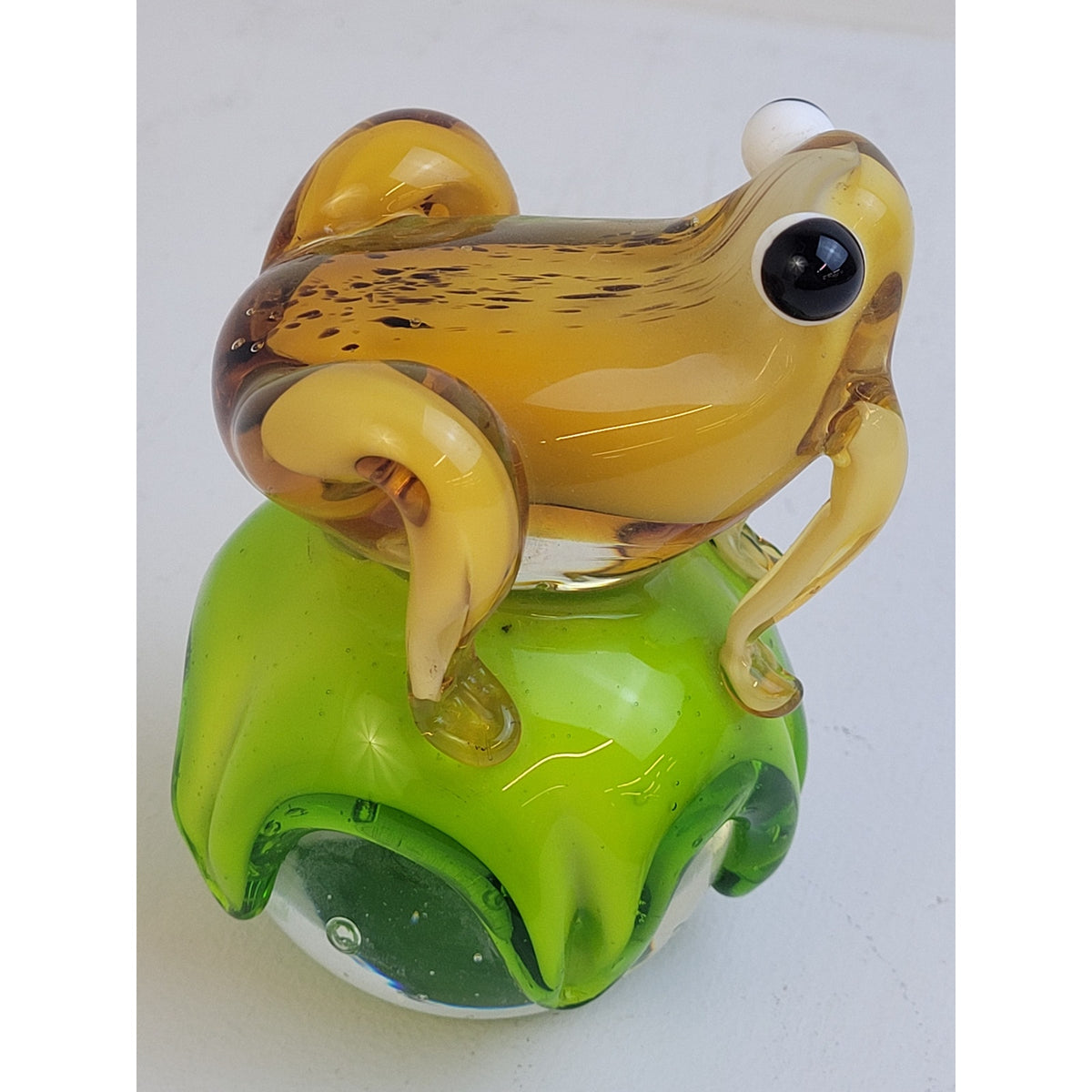 Vintage MCM Murano-Style Art Glass Frog on Lily Pad Green & Yellow